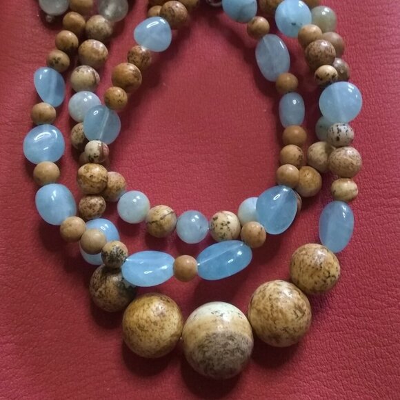 Marvelous 3 Bracelet Set! Aquamarine & Calm Desert Jasper Beads - Adjustable 7"+ - Picture 5 of 12